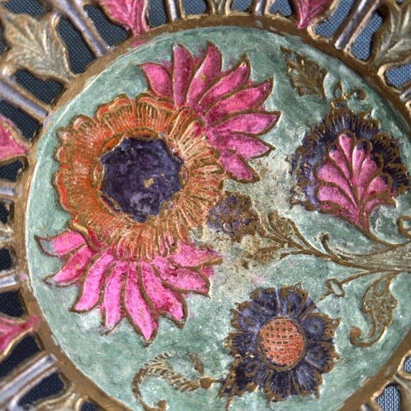 Vintage 5 In Closseine Pedestal Trinket Dish Lace Edge Orange Blue Green - Picture 2 of 8